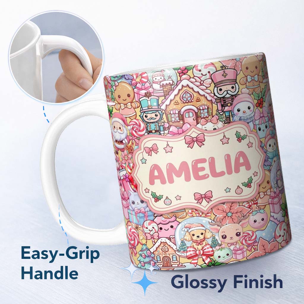 Personalized Custom Name Cute Christmas Gingerbread Candy Warm Beige Background Seamless 11oz Ceramic Coffee Tea Mug White Large Handle