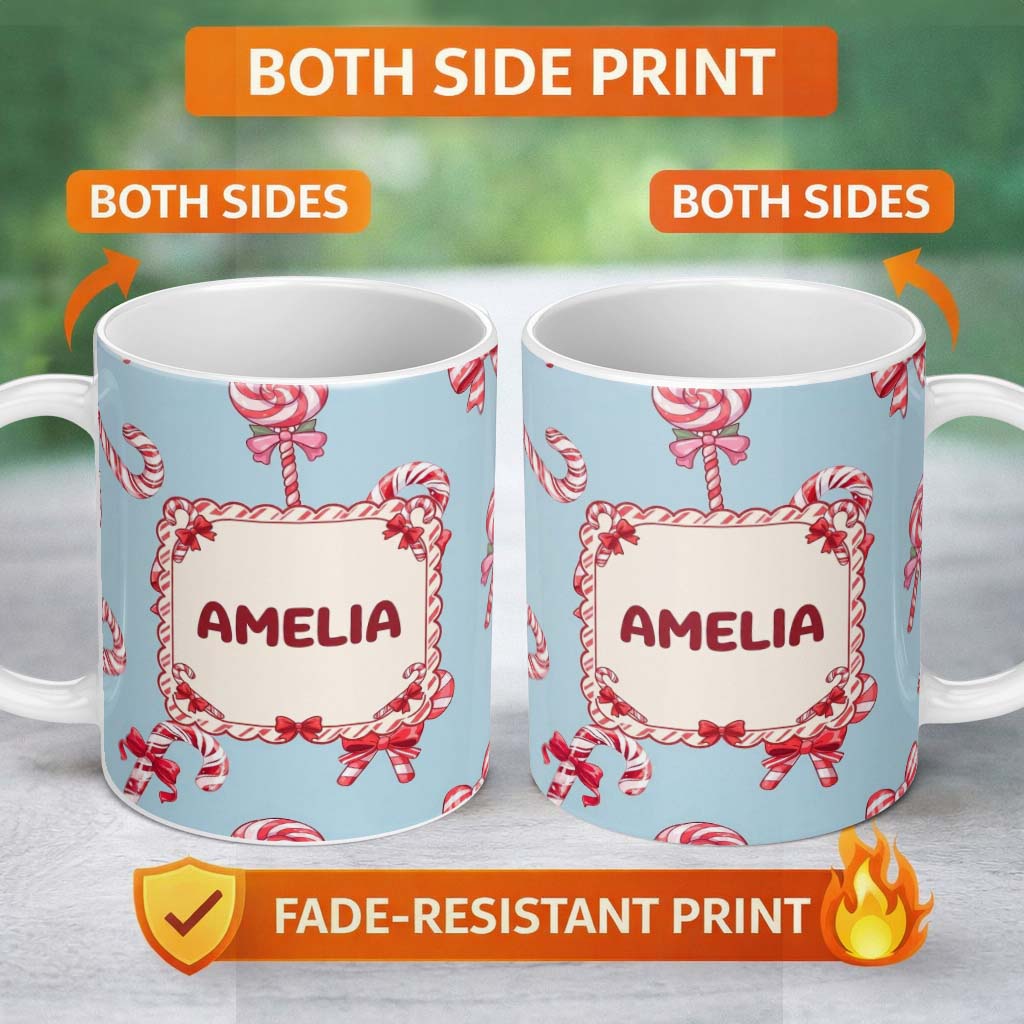 Personalized Custom Name Cute Candy Cane Bows Light Blue Background Seamless Pattern Name 11oz Ceramic Coffee Tea Mug White Large Handle