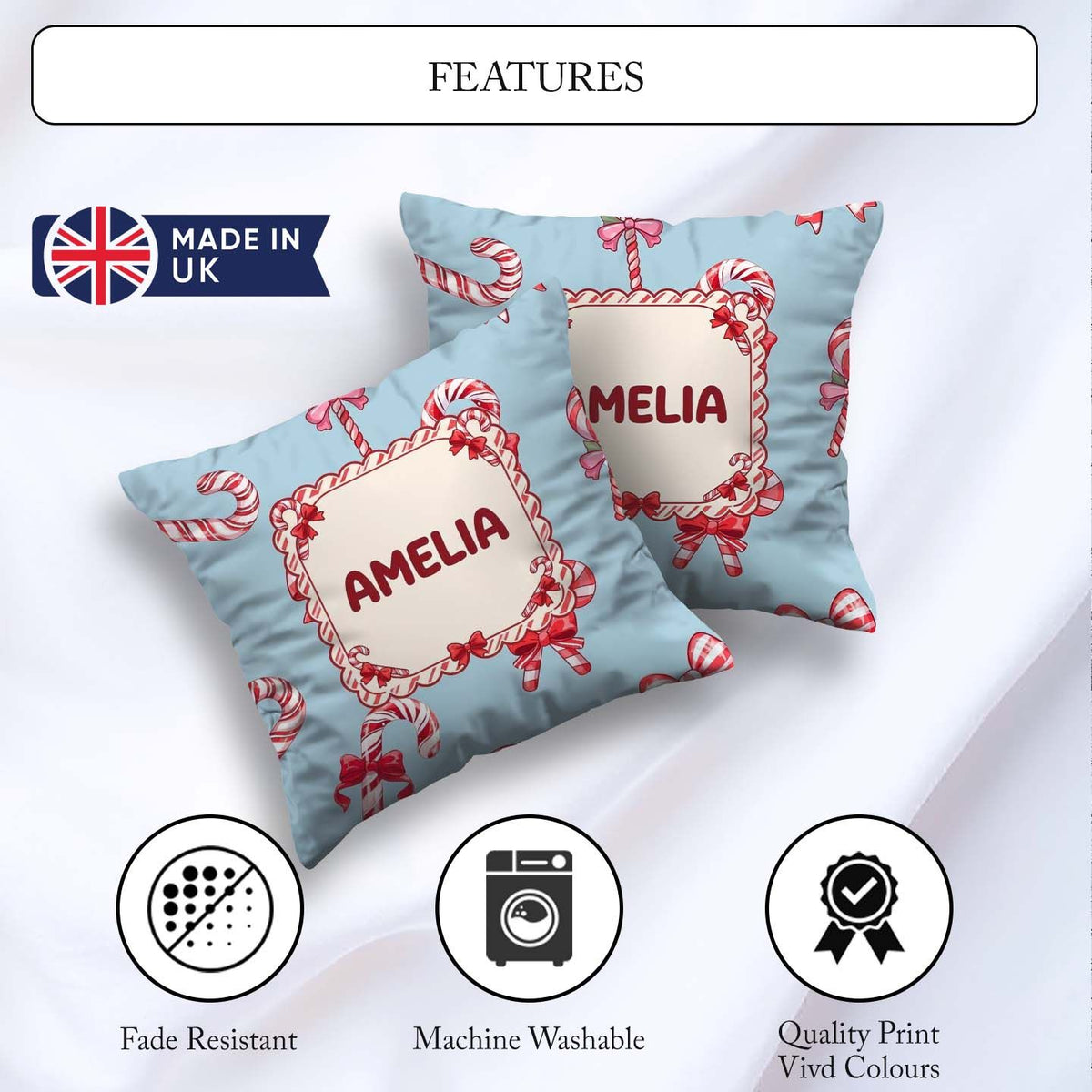 Custom Name Candy Cane Bows Light Blue Background Seamless Name Square Filled Cushion Throw Pillow Sofa Bed Home Decor Zip Washable UK Made