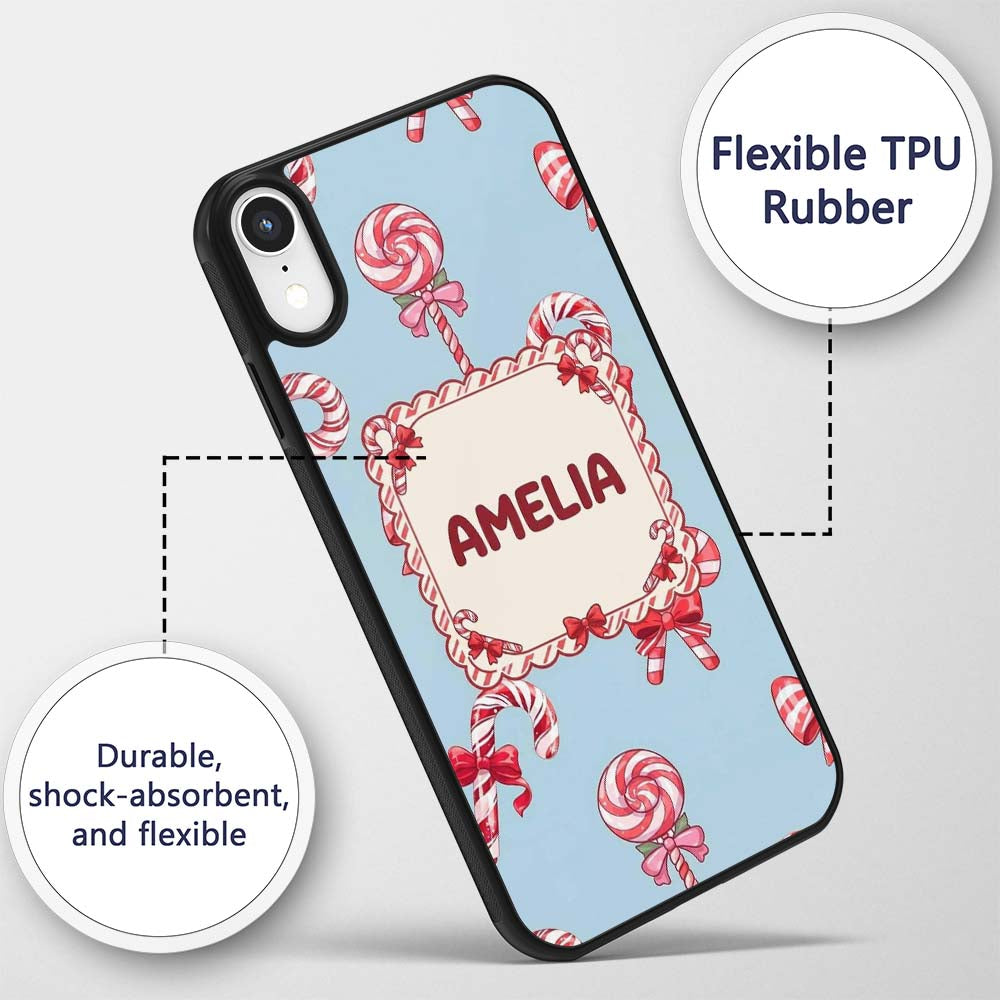 Cute Candy Cane Bows Light Blue Printed Design Custom Name Protective Phone Case Mobile Cover Durable Everyday Smartphone Shock Resistant