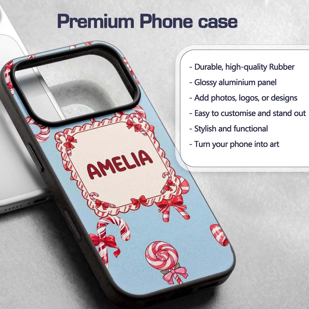 Cute Candy Cane Bows Light Blue Printed Design Custom Name Protective Phone Case Mobile Cover Durable Everyday Smartphone Shock Resistant