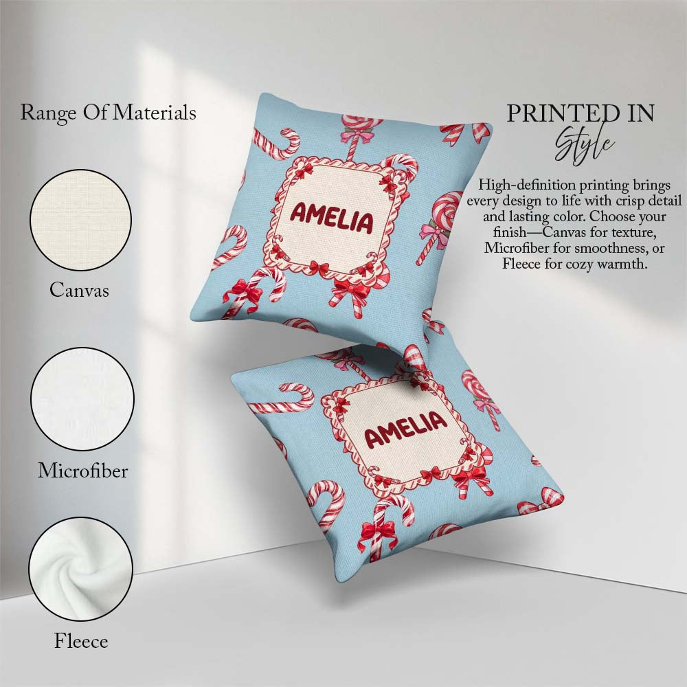Custom Name Candy Cane Bows Light Blue Background Seamless Name Square Filled Cushion Throw Pillow Sofa Bed Home Decor Zip Washable UK Made