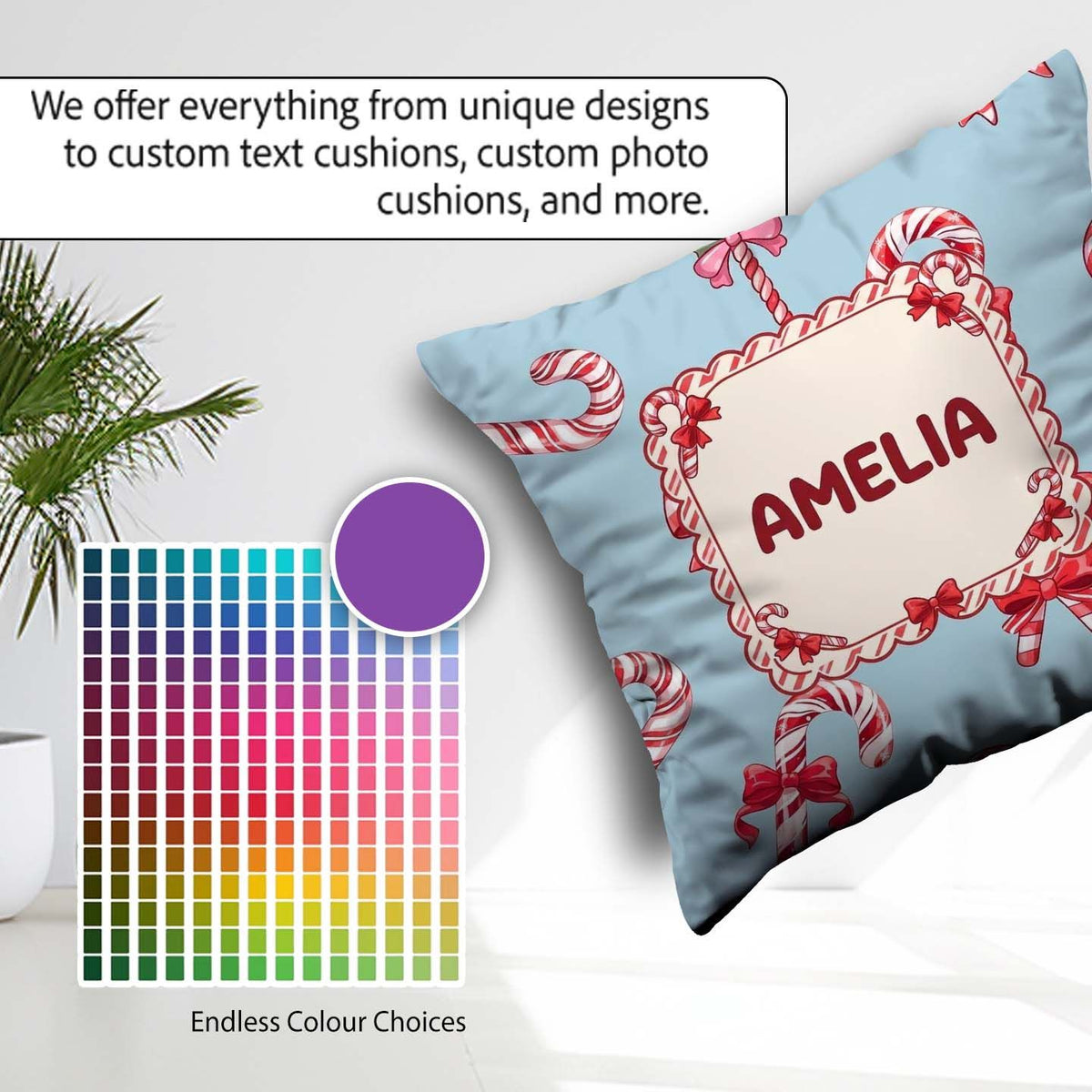 Custom Name Candy Cane Bows Light Blue Background Seamless Name Square Filled Cushion Throw Pillow Sofa Bed Home Decor Zip Washable UK Made