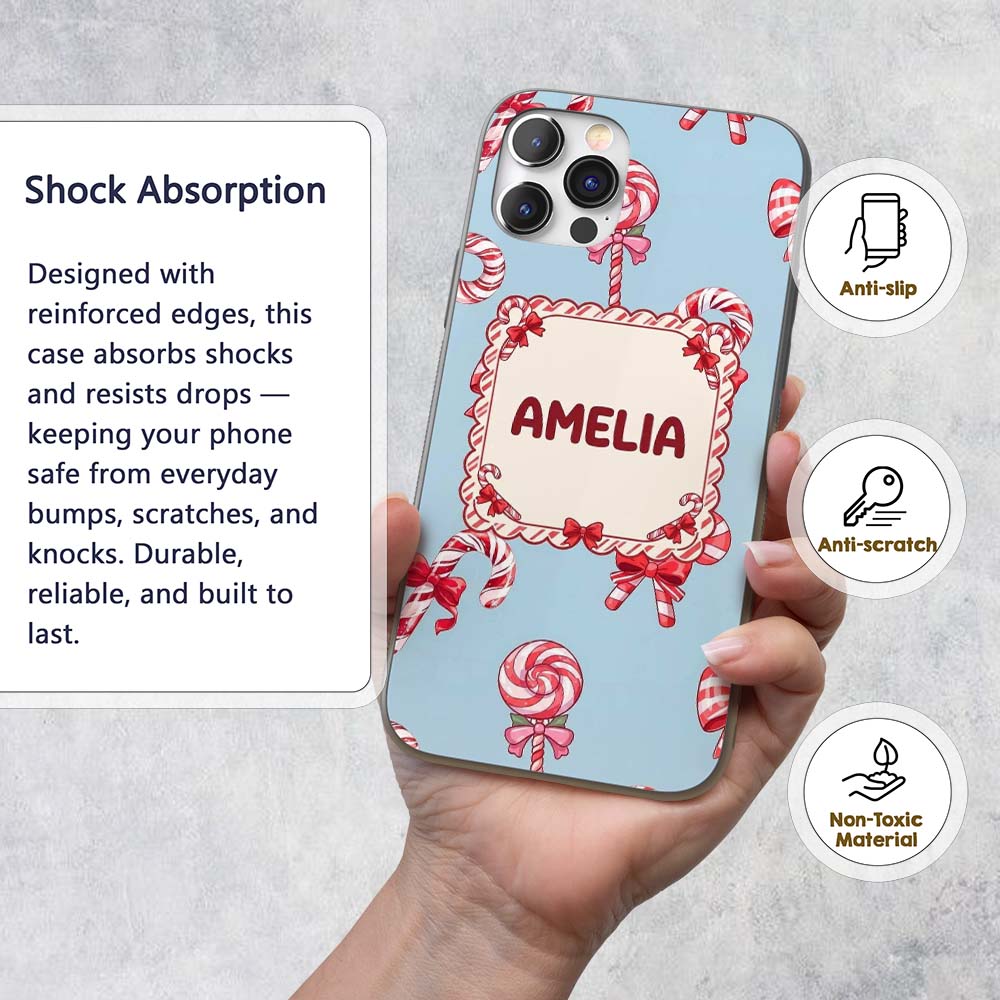Cute Candy Cane Bows Light Blue Printed Design Custom Name Protective Phone Case Mobile Cover Durable Everyday Smartphone Shock Resistant