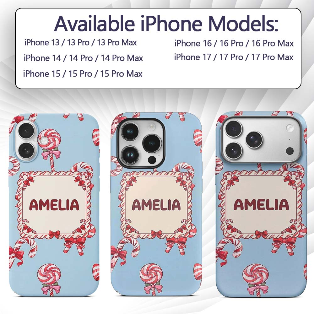 Cute Candy Cane Bows Light Blue Printed Design Custom Name Protective Phone Case Mobile Cover Durable Everyday Smartphone Shock Resistant