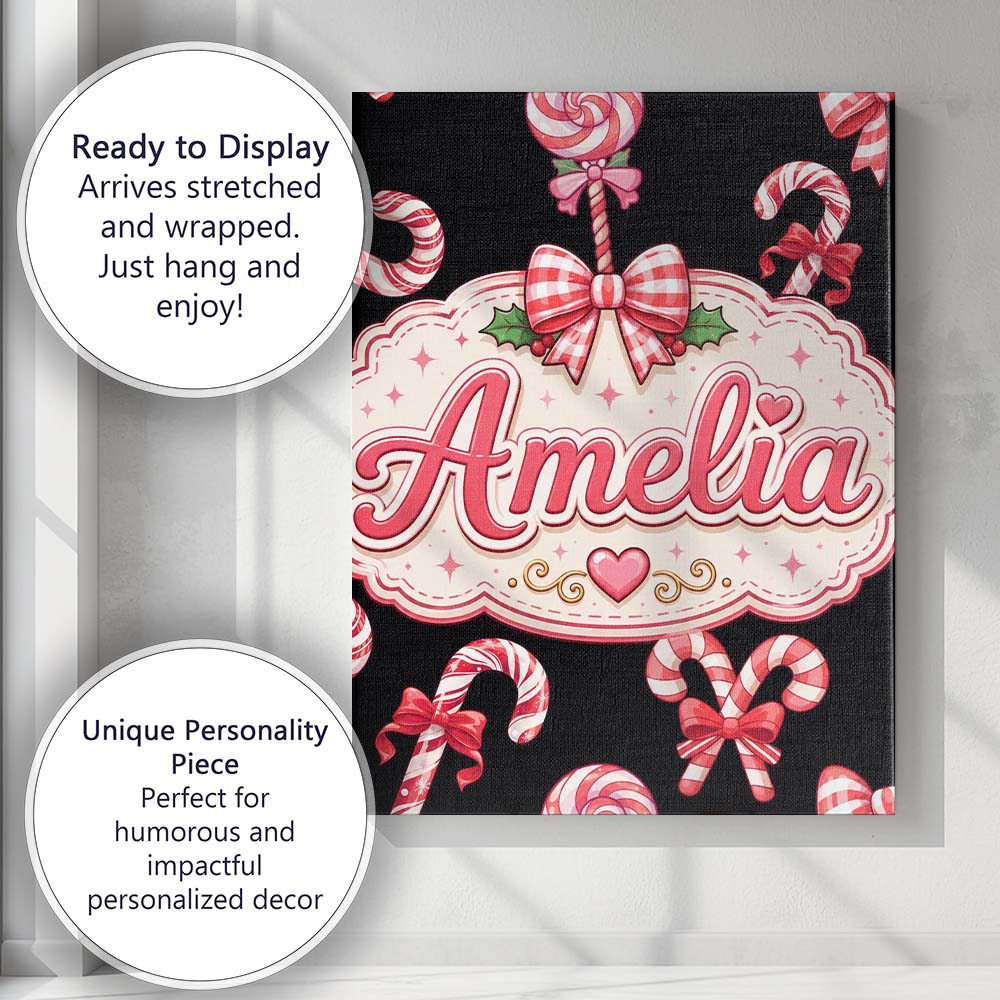 Personalised Name Cute Candy Cane Bows Dark Custom Bespoke Interior Contemporary Canvas Wall Art Print Decor Picture Ready to Hang