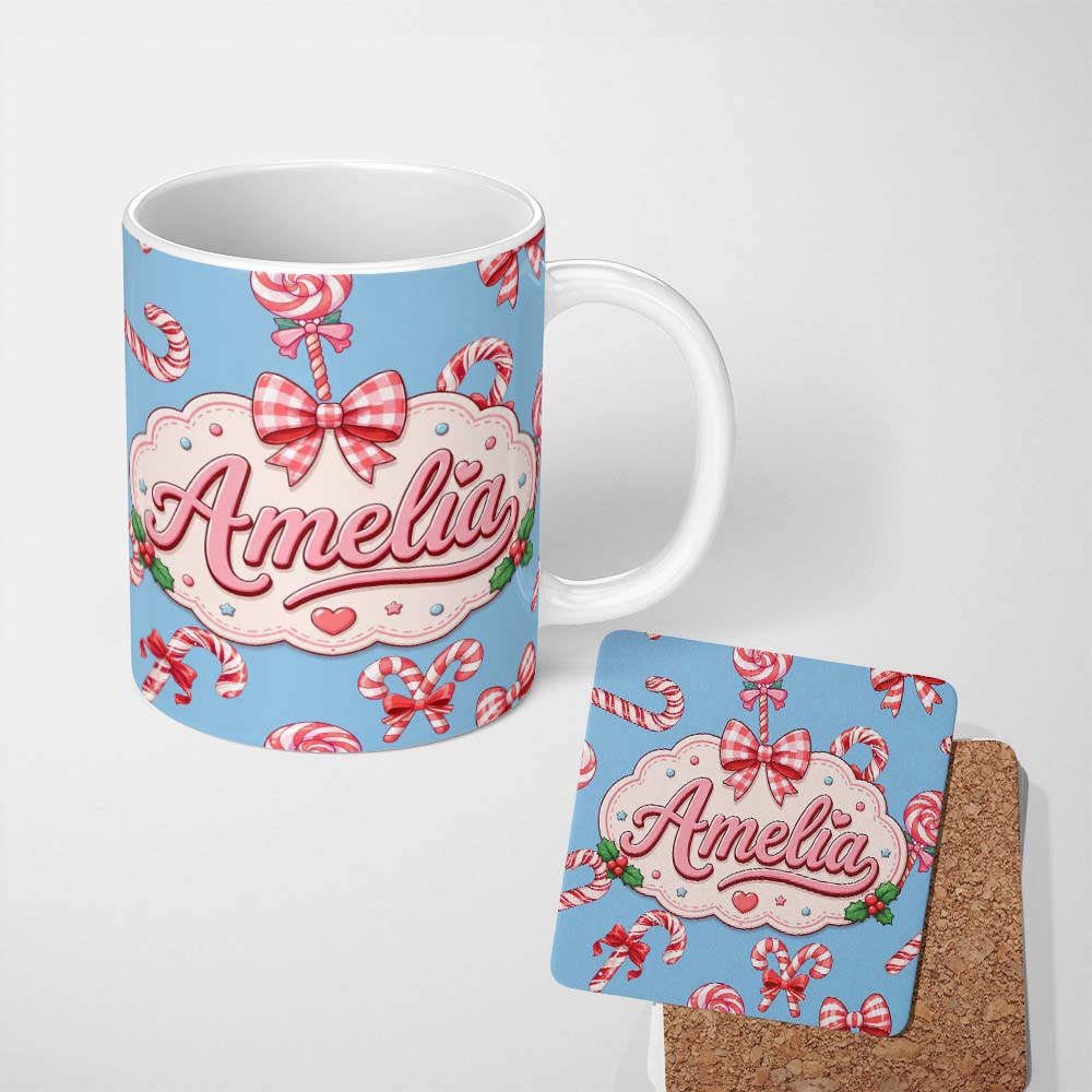 Personalized Custom Name Cute Candy Cane Bows Light Blue Background Seamless Pattern Name 11oz Ceramic Coffee Tea Mug White Large Handle