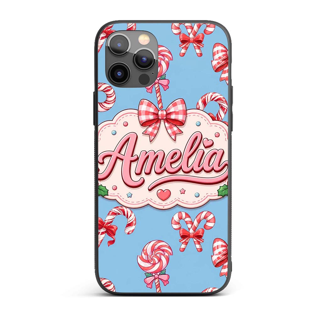 Cute Candy Cane Bows Light Blue Printed Design Custom Name Protective Phone Case Mobile Cover Durable Everyday Smartphone Shock Resistant