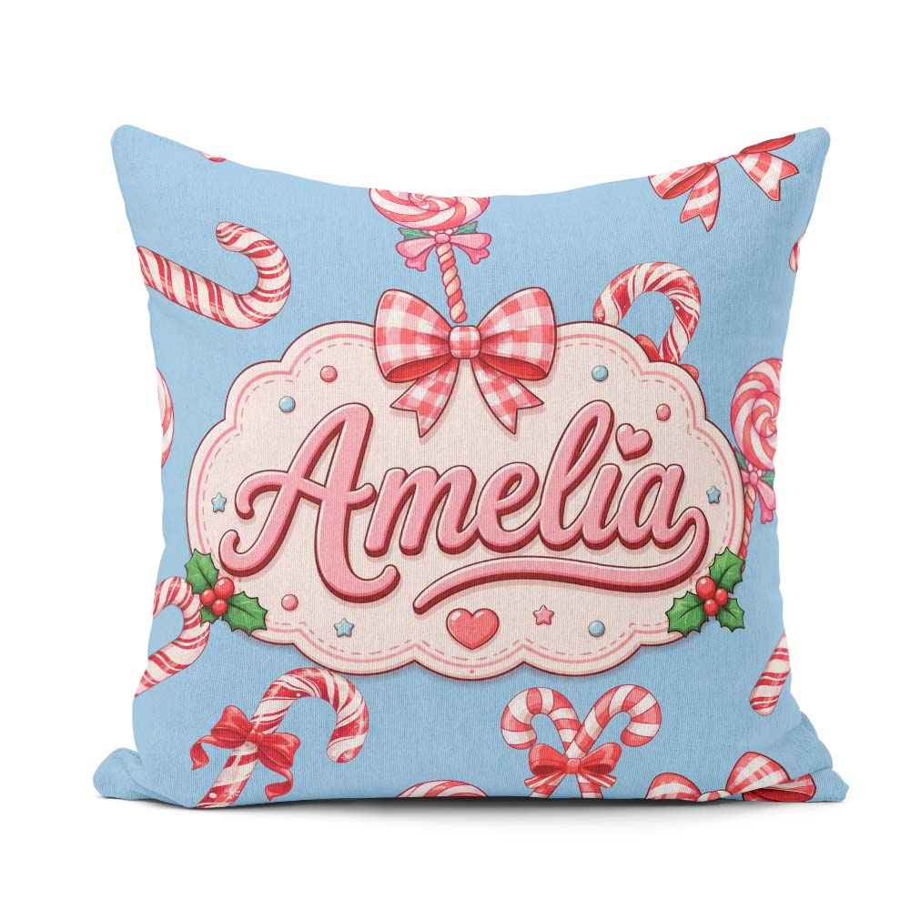 Custom Name Candy Cane Bows Light Blue Background Seamless Name Square Filled Cushion Throw Pillow Sofa Bed Home Decor Zip Washable UK Made
