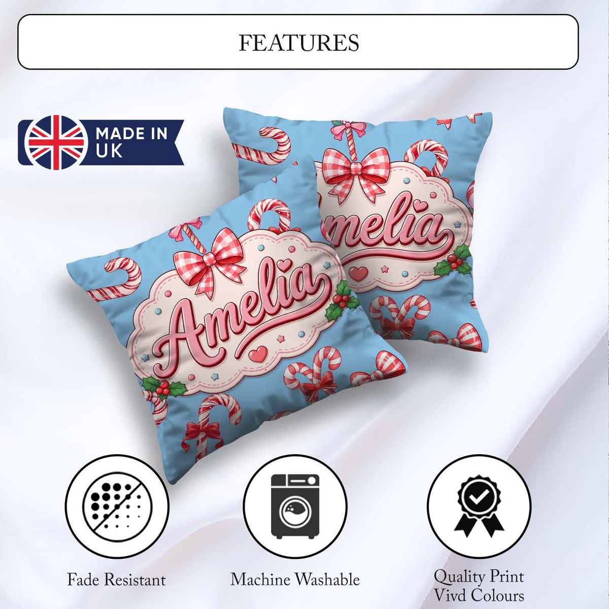 Custom Name Candy Cane Bows Light Blue Background Seamless Name Square Filled Cushion Throw Pillow Sofa Bed Home Decor Zip Washable UK Made