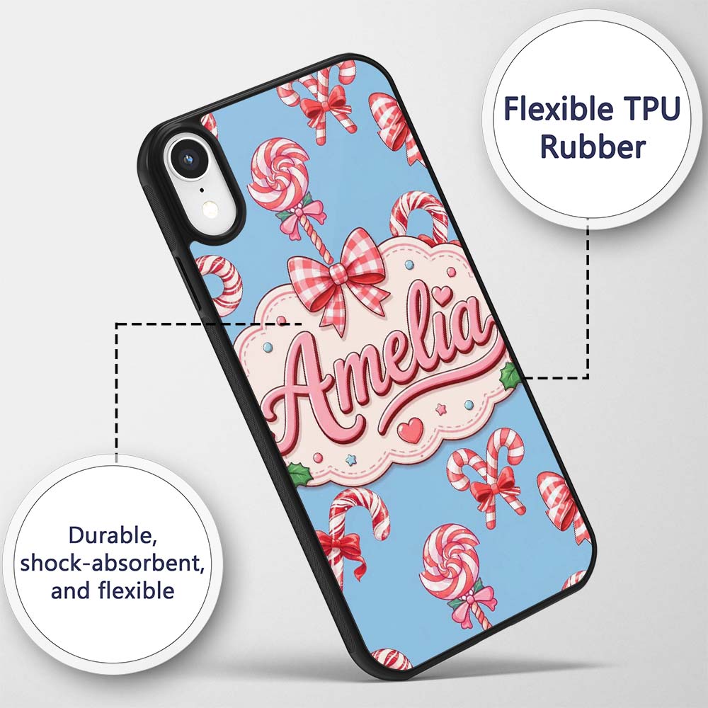 Cute Candy Cane Bows Light Blue Printed Design Custom Name Protective Phone Case Mobile Cover Durable Everyday Smartphone Shock Resistant