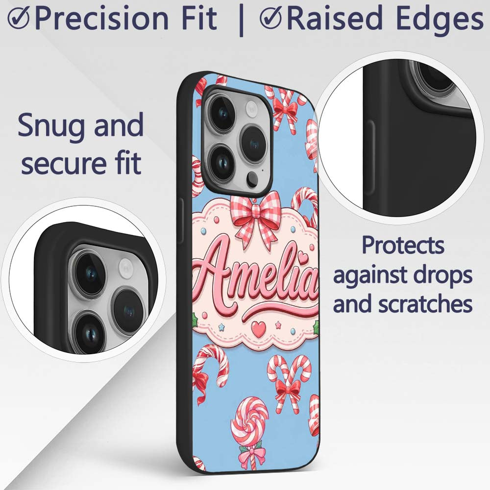 Cute Candy Cane Bows Light Blue Printed Design Custom Name Protective Phone Case Mobile Cover Durable Everyday Smartphone Shock Resistant