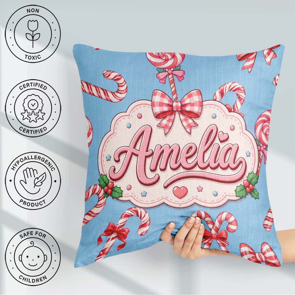 Custom Name Candy Cane Bows Light Blue Background Seamless Name Square Filled Cushion Throw Pillow Sofa Bed Home Decor Zip Washable UK Made