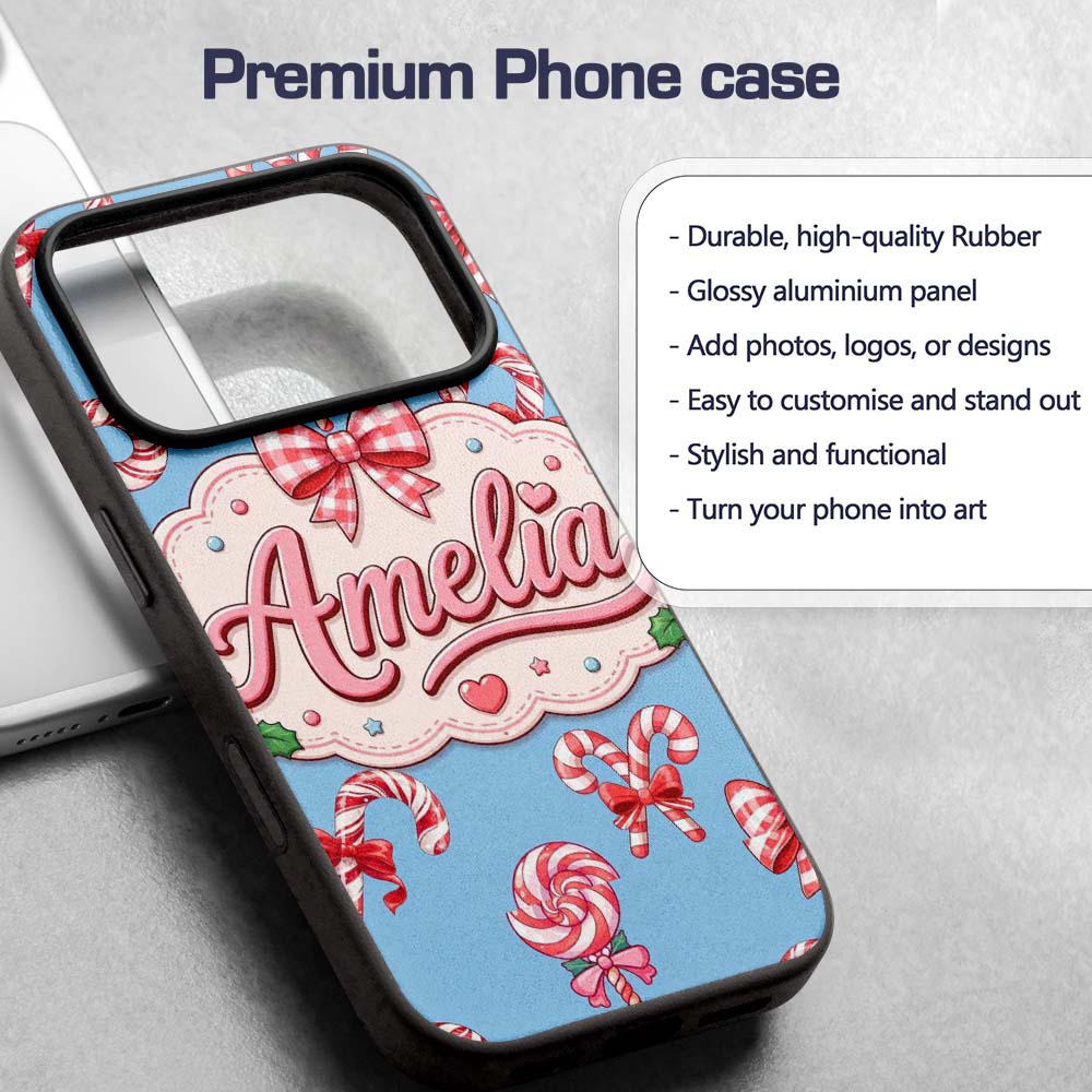 Cute Candy Cane Bows Light Blue Printed Design Custom Name Protective Phone Case Mobile Cover Durable Everyday Smartphone Shock Resistant