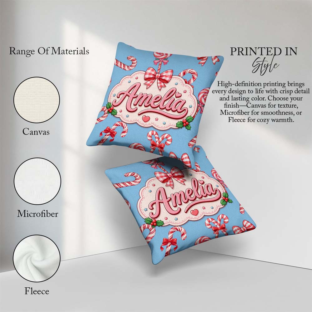 Custom Name Candy Cane Bows Light Blue Background Seamless Name Square Filled Cushion Throw Pillow Sofa Bed Home Decor Zip Washable UK Made