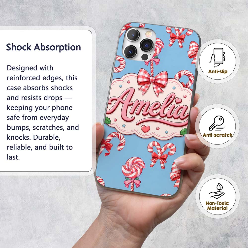 Cute Candy Cane Bows Light Blue Printed Design Custom Name Protective Phone Case Mobile Cover Durable Everyday Smartphone Shock Resistant
