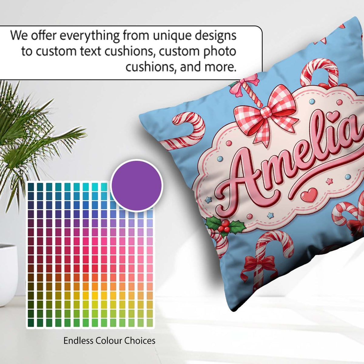 Custom Name Candy Cane Bows Light Blue Background Seamless Name Square Filled Cushion Throw Pillow Sofa Bed Home Decor Zip Washable UK Made