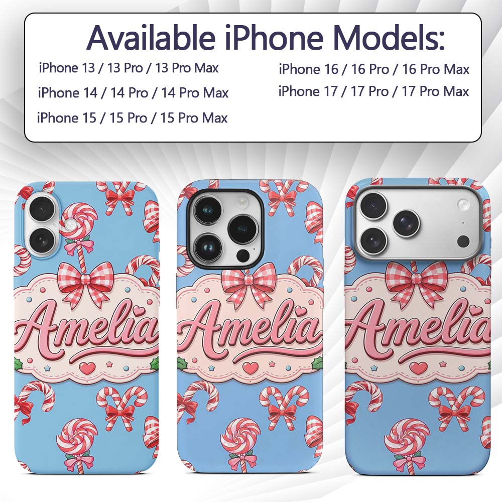 Cute Candy Cane Bows Light Blue Printed Design Custom Name Protective Phone Case Mobile Cover Durable Everyday Smartphone Shock Resistant