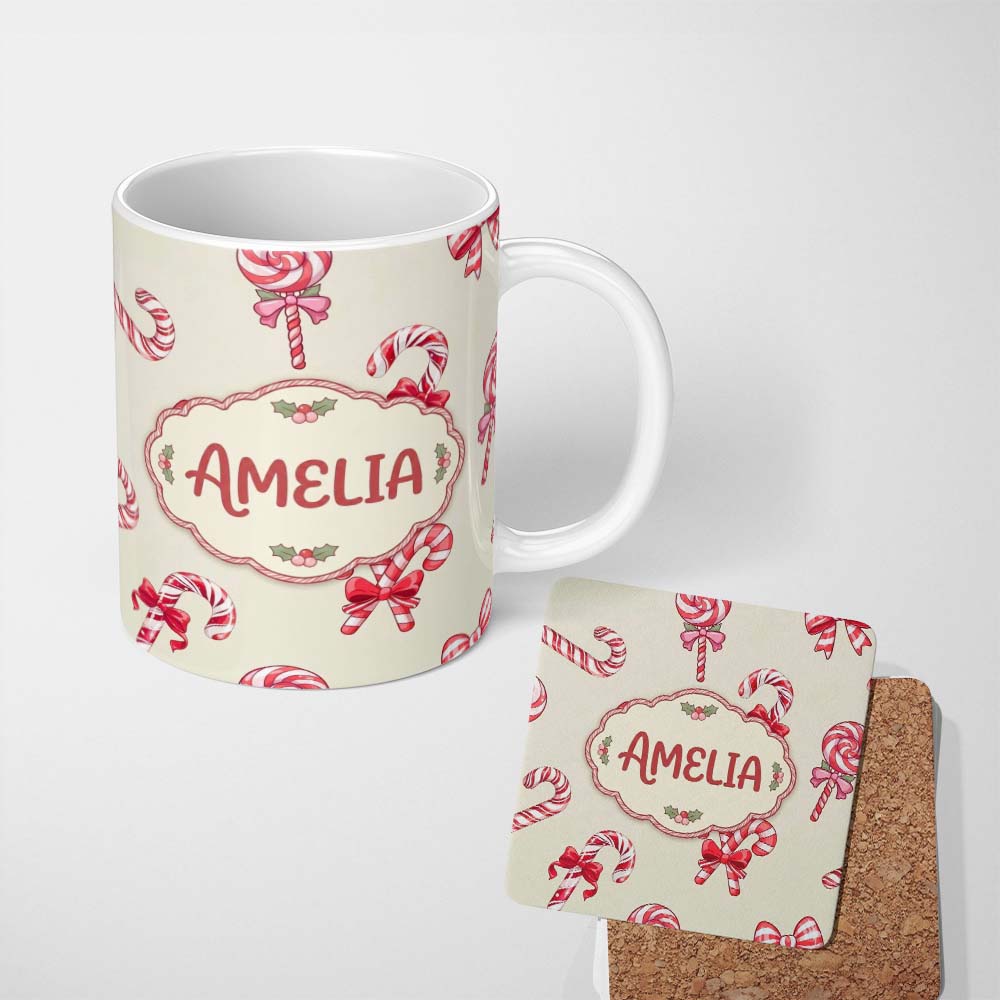 Personalized Custom Name Cute Candy Cane Bows Soft Cream Background Seamless Pattern Name 11oz Ceramic Coffee Tea Mug White Large Handle
