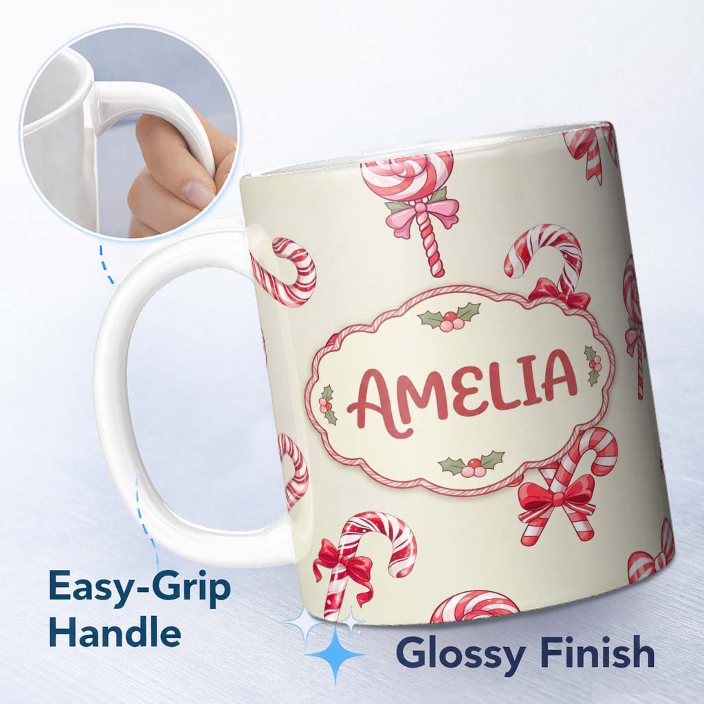 Personalized Custom Name Cute Candy Cane Bows Soft Cream Background Seamless Pattern Name 11oz Ceramic Coffee Tea Mug White Large Handle