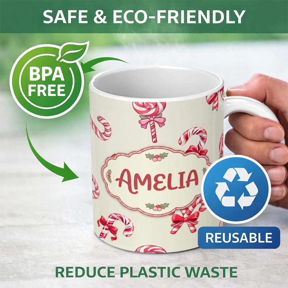 Personalized Custom Name Cute Candy Cane Bows Soft Cream Background Seamless Pattern Name 11oz Ceramic Coffee Tea Mug White Large Handle