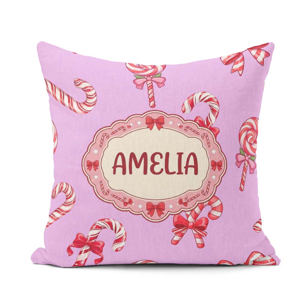 Custom Name Cute Candy Cane Bows Pastel Purple Seamless Pattern Square Filled Cushion Throw Pillow Sofa Bed Home Decor Zip Washable UK Made