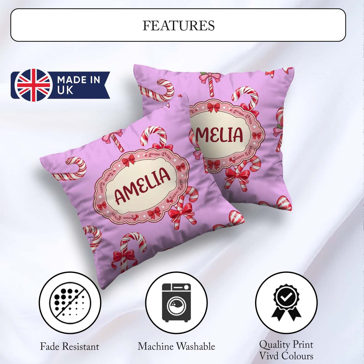 Custom Name Cute Candy Cane Bows Pastel Purple Seamless Pattern Square Filled Cushion Throw Pillow Sofa Bed Home Decor Zip Washable UK Made