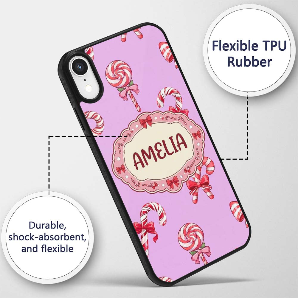 Cute Candy Cane Bows Pastel Purple Background Custom Name Protective Phone Case Mobile Cover Durable Everyday Smartphone Shock Resistant