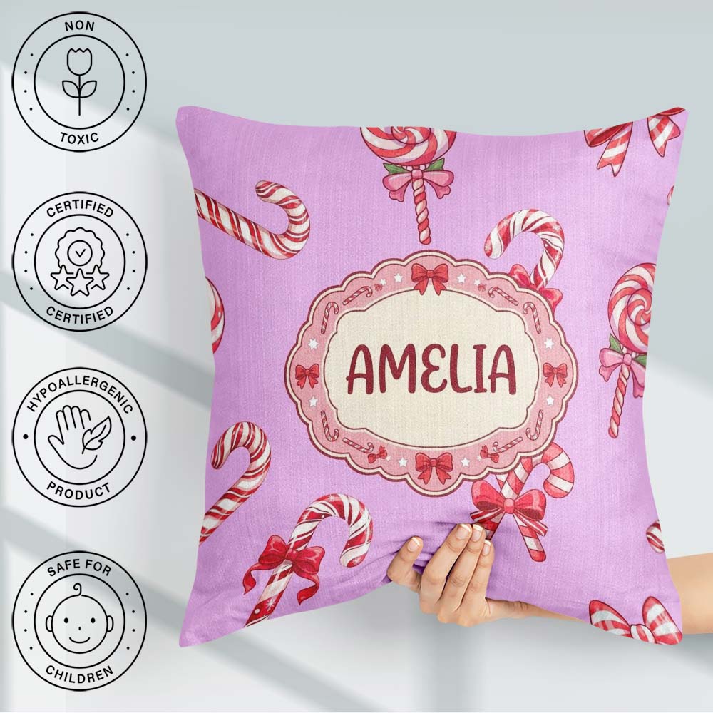 Custom Name Cute Candy Cane Bows Pastel Purple Seamless Pattern Square Filled Cushion Throw Pillow Sofa Bed Home Decor Zip Washable UK Made