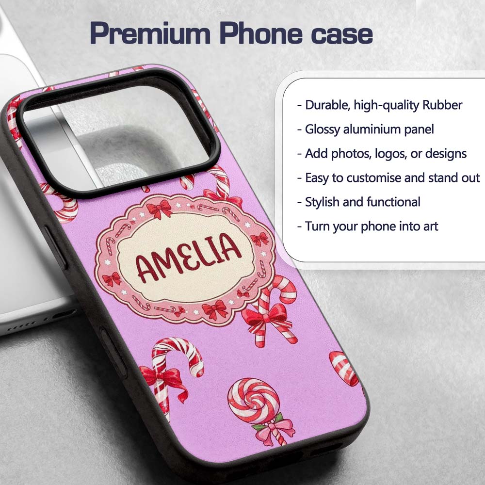 Cute Candy Cane Bows Pastel Purple Background Custom Name Protective Phone Case Mobile Cover Durable Everyday Smartphone Shock Resistant
