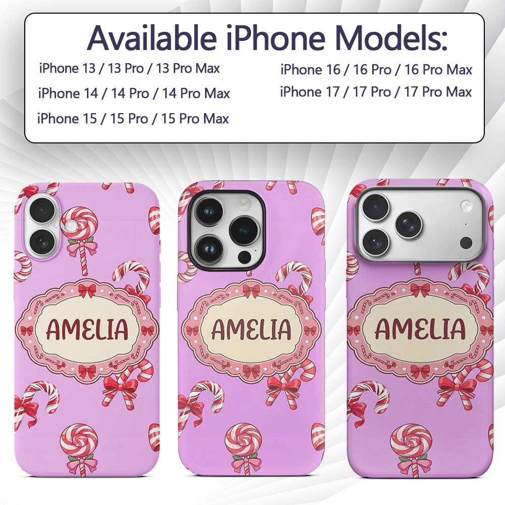 Cute Candy Cane Bows Pastel Purple Background Custom Name Protective Phone Case Mobile Cover Durable Everyday Smartphone Shock Resistant