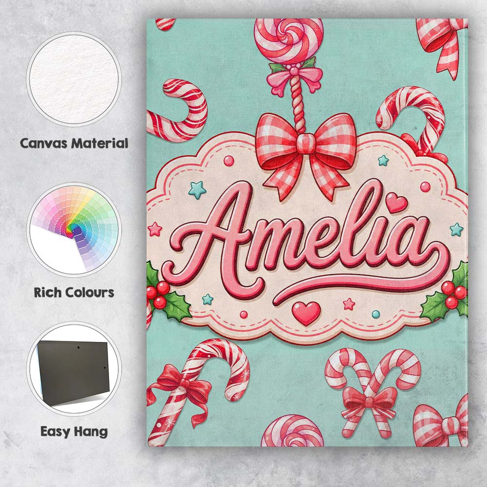 Personalised Name Cute Candy Cane Bows Mint Custom Bespoke Interior Contemporary Canvas Wall Art Print Decor Picture Ready to Hang