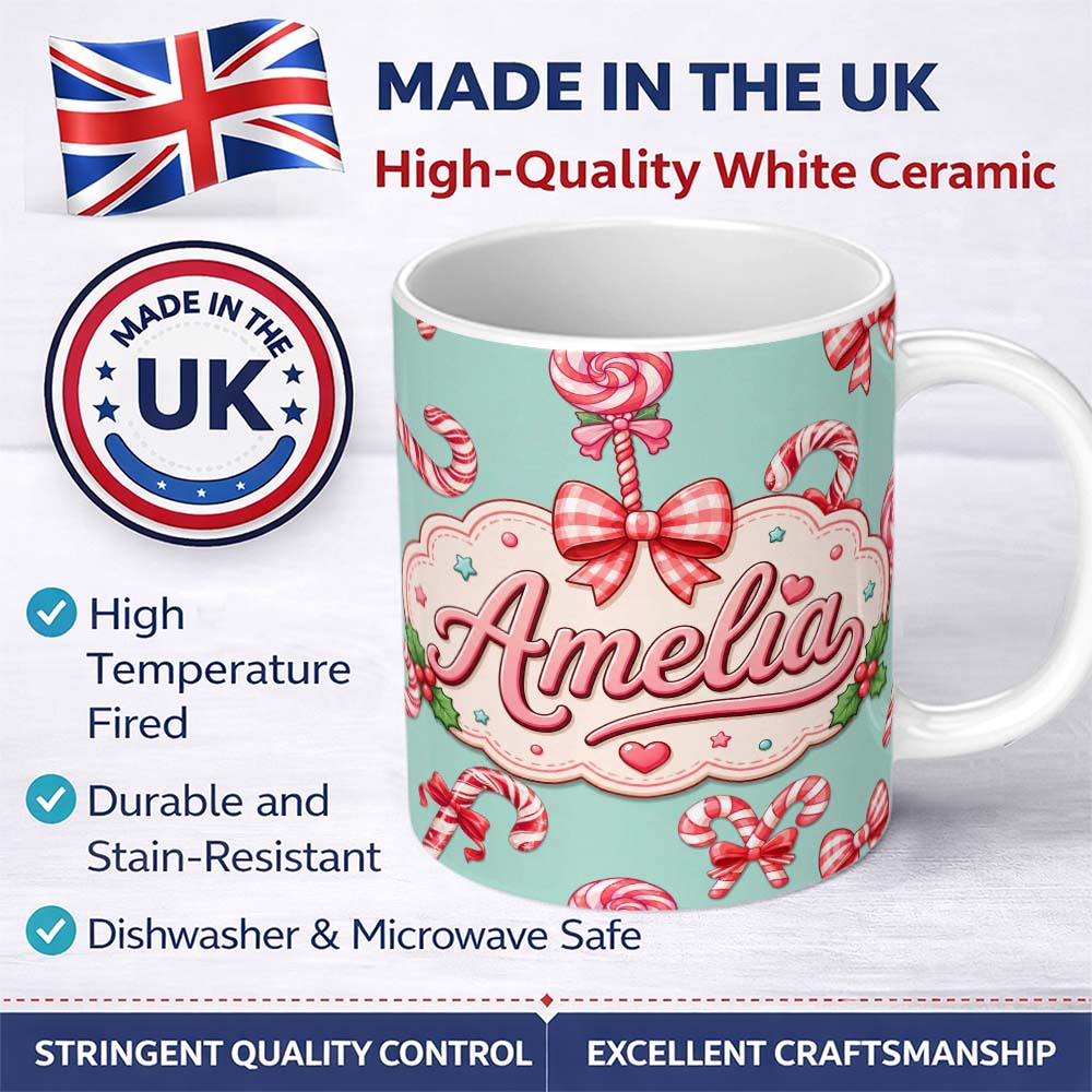 Personalized Custom Name Cute Candy Cane Bows Mint Green Background Seamless Pattern Name 11oz Ceramic Coffee Tea Mug White Large Handle