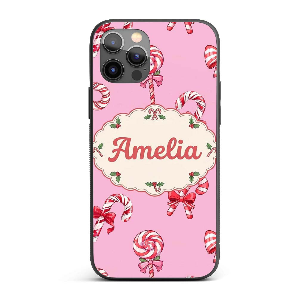 Cute Candy Cane Bows Soft Rose Printed Design Custom Name Protective Phone Case Mobile Cover Durable Everyday Smartphone Shock Resistant