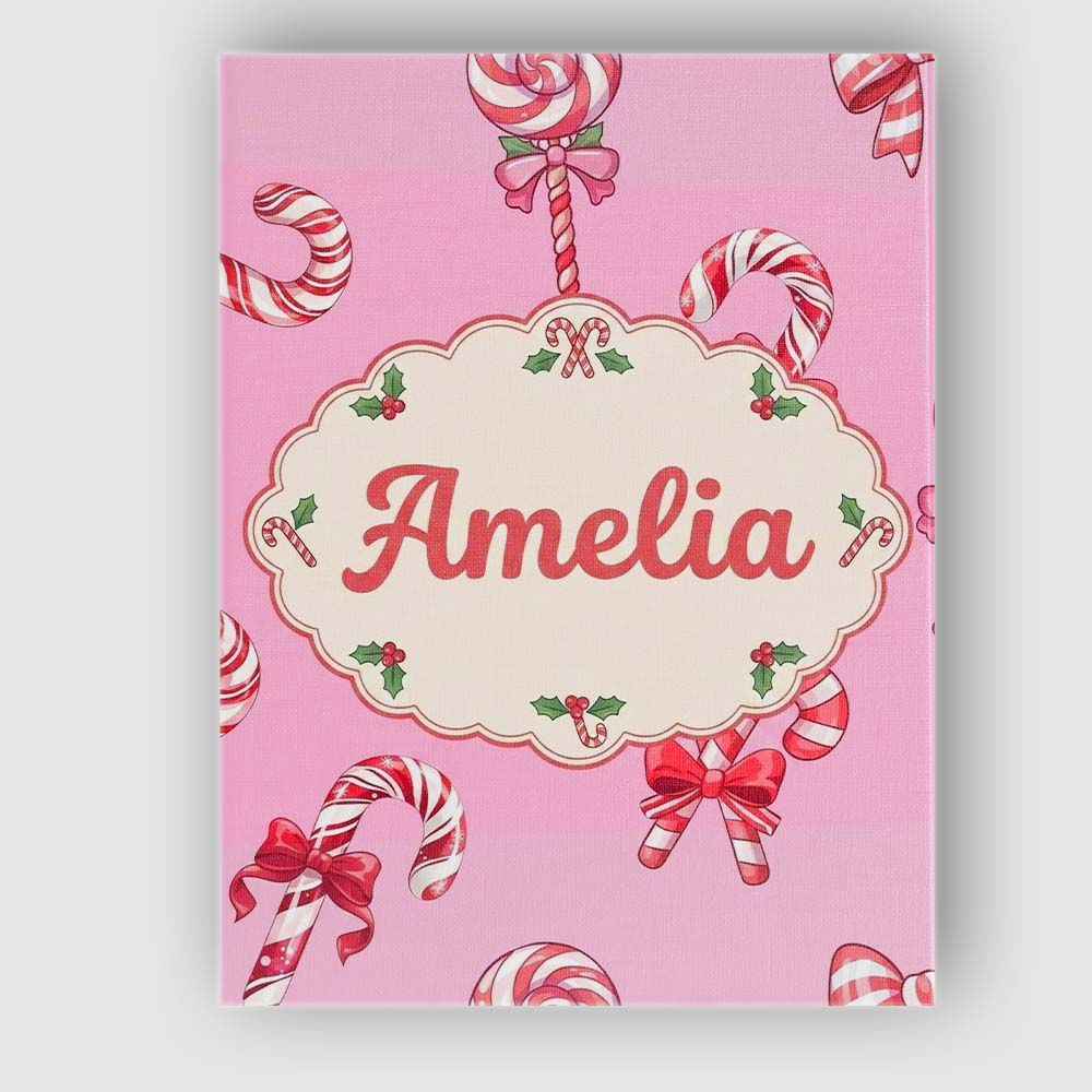 Personalised Name Cute Candy Cane Bows Soft Custom Bespoke Interior Contemporary Canvas Wall Art Print Decor Picture Ready to Hang