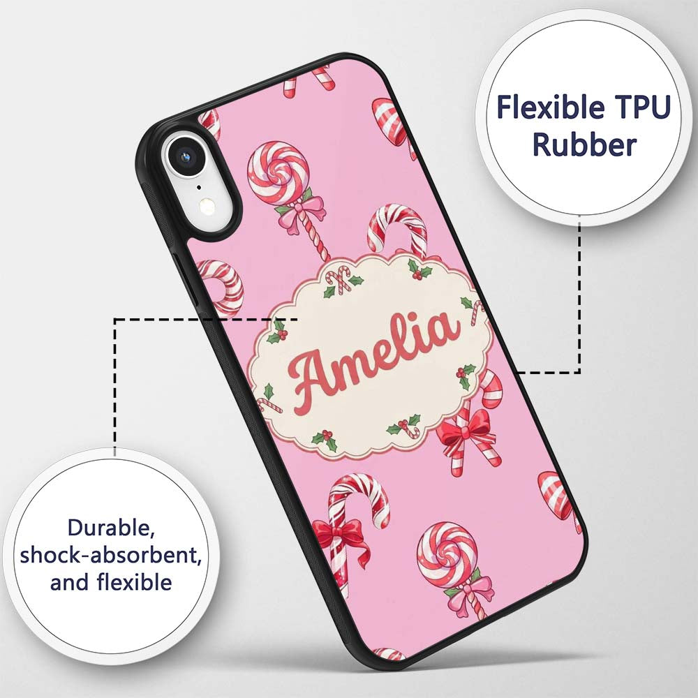 Cute Candy Cane Bows Soft Rose Printed Design Custom Name Protective Phone Case Mobile Cover Durable Everyday Smartphone Shock Resistant