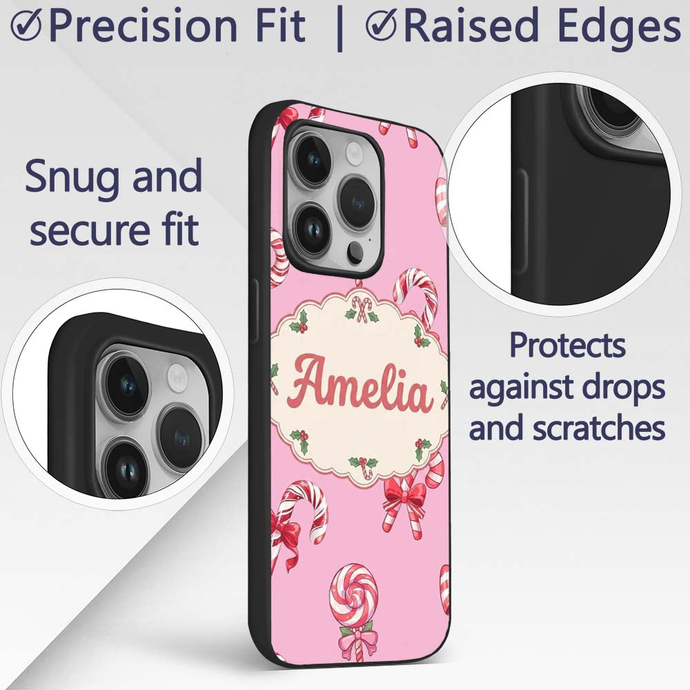Cute Candy Cane Bows Soft Rose Printed Design Custom Name Protective Phone Case Mobile Cover Durable Everyday Smartphone Shock Resistant