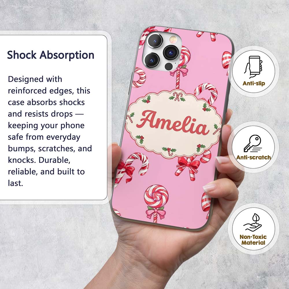 Cute Candy Cane Bows Soft Rose Printed Design Custom Name Protective Phone Case Mobile Cover Durable Everyday Smartphone Shock Resistant