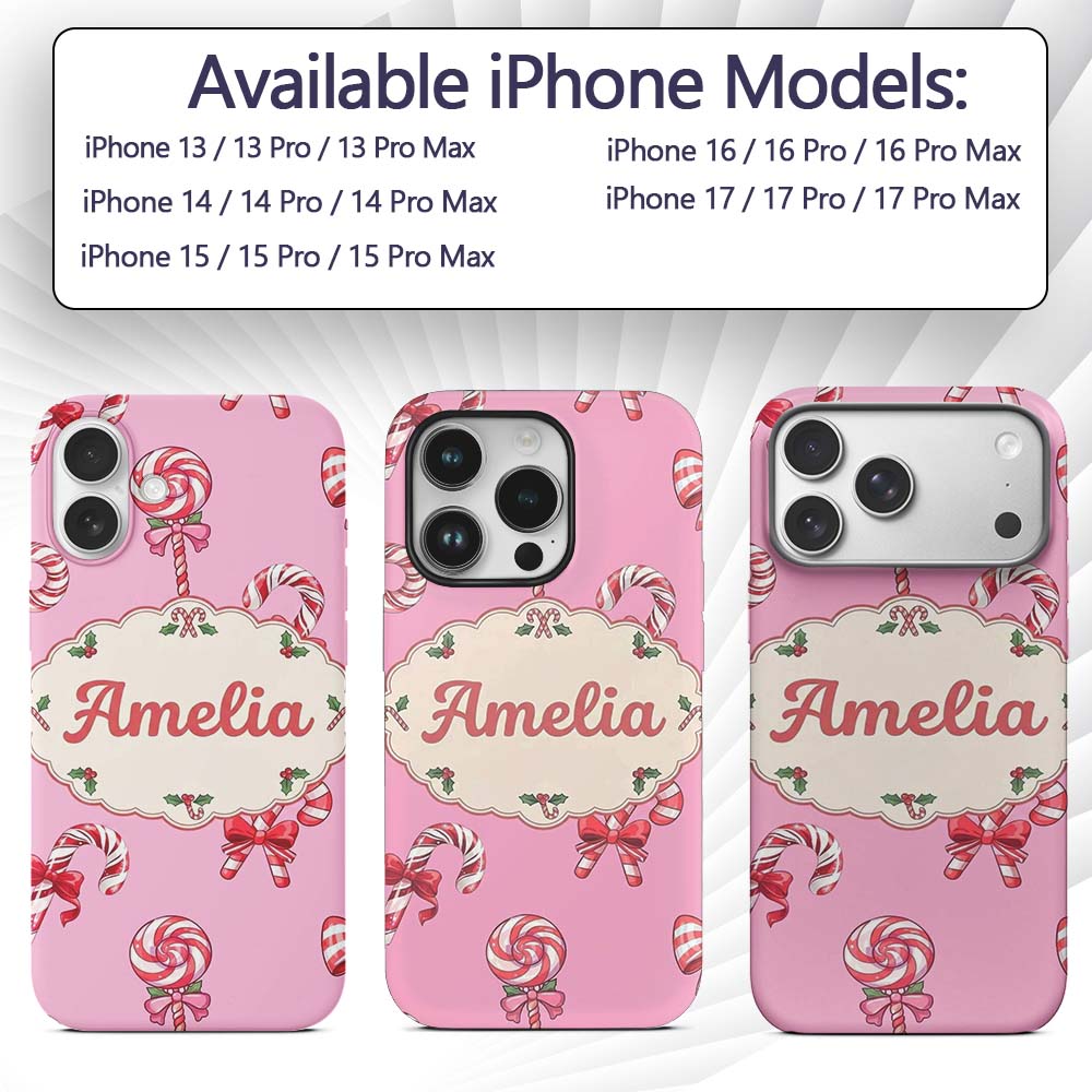 Cute Candy Cane Bows Soft Rose Printed Design Custom Name Protective Phone Case Mobile Cover Durable Everyday Smartphone Shock Resistant