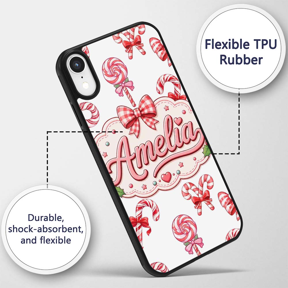 Cute Candy Cane Bows Light Grey Printed Design Custom Name Protective Phone Case Mobile Cover Durable Everyday Smartphone Shock Resistant
