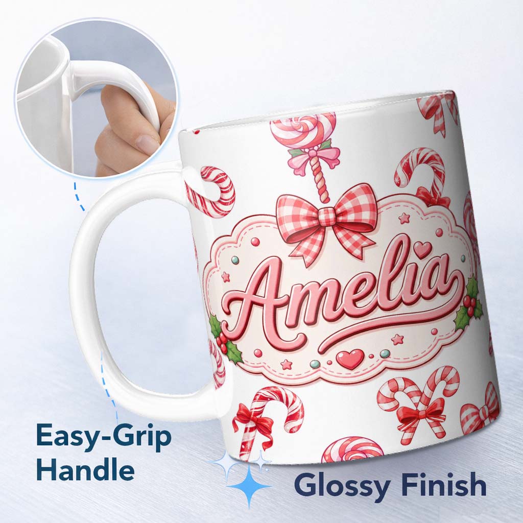 Personalized Custom Name Cute Candy Cane Bows Light Grey Background Seamless Pattern Name 11oz Ceramic Coffee Tea Mug White Large Handle