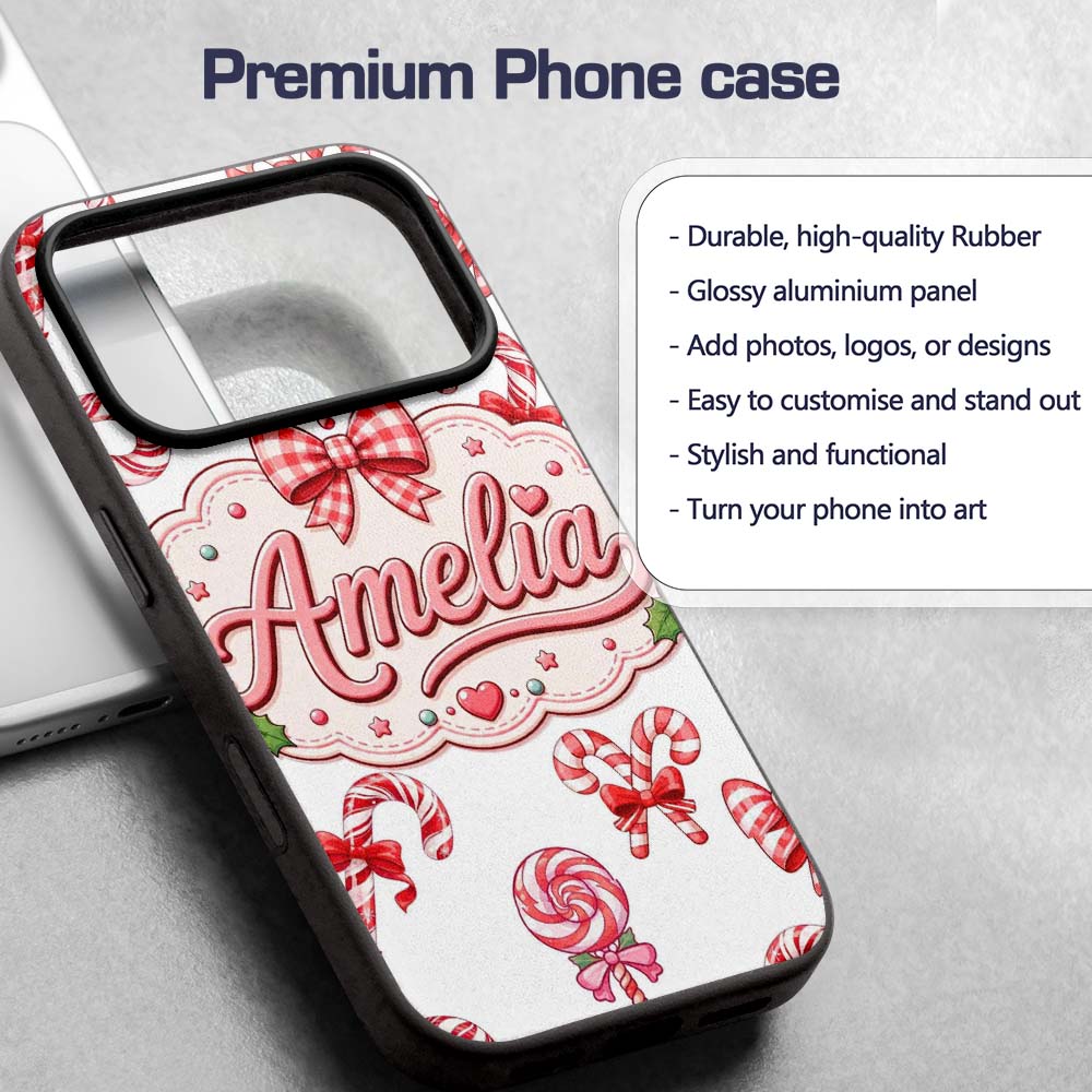 Cute Candy Cane Bows Light Grey Printed Design Custom Name Protective Phone Case Mobile Cover Durable Everyday Smartphone Shock Resistant