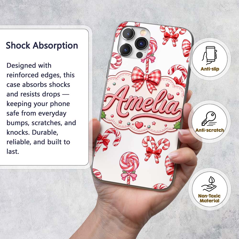 Cute Candy Cane Bows Light Grey Printed Design Custom Name Protective Phone Case Mobile Cover Durable Everyday Smartphone Shock Resistant