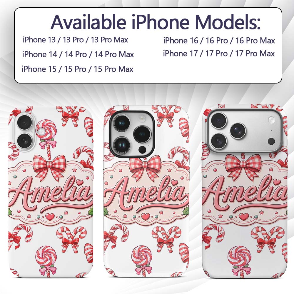 Cute Candy Cane Bows Light Grey Printed Design Custom Name Protective Phone Case Mobile Cover Durable Everyday Smartphone Shock Resistant