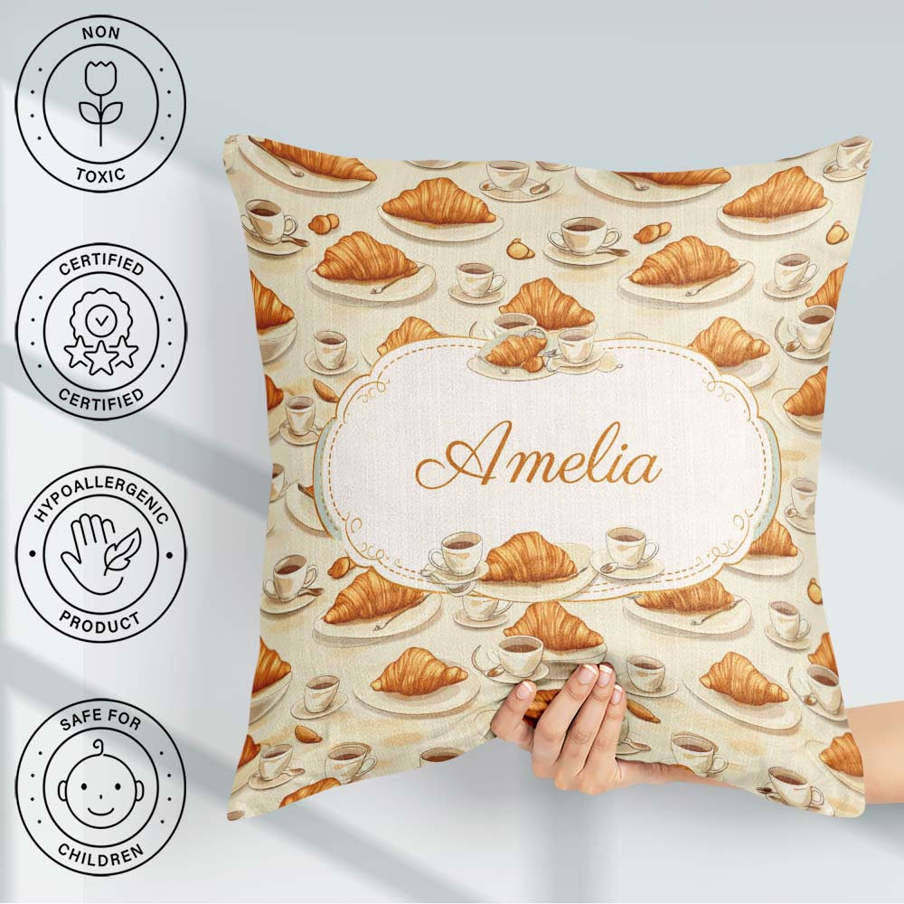 Custom Name Croissant and Coffee French Seamless Pattern Neutral Square Filled Cushion Throw Pillow Sofa Bed Home Decor Zip Washable UK Made