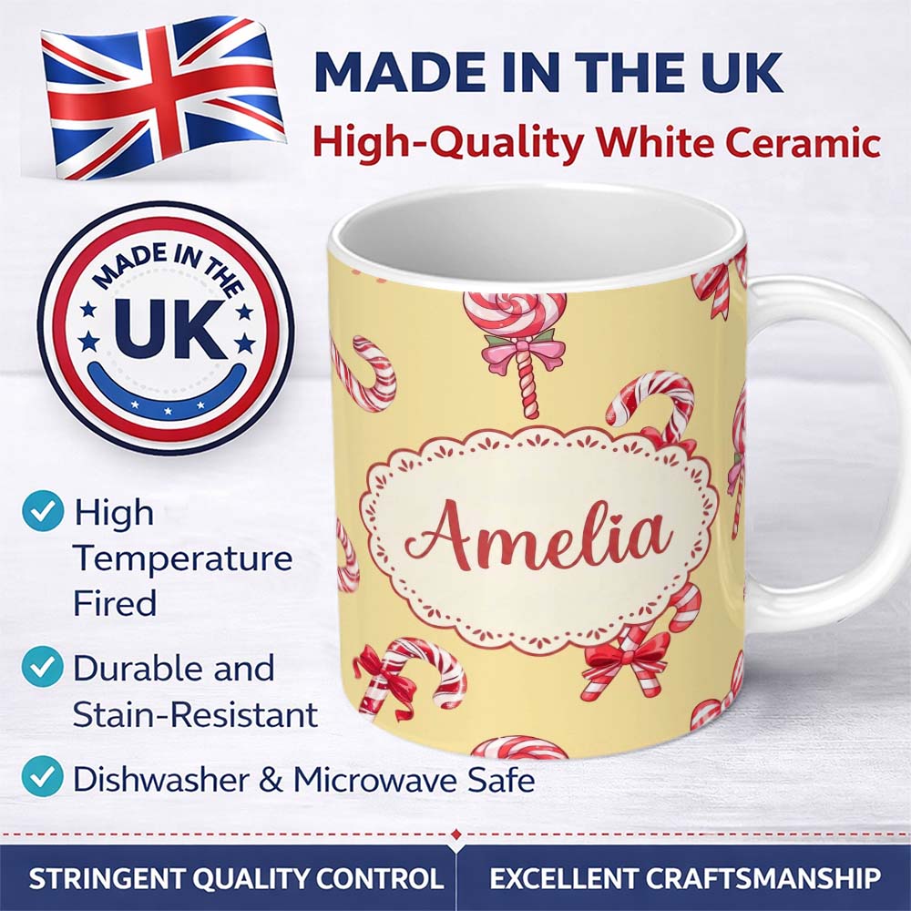 Personalized Custom Name Cute Candy Cane Bows Warm Beige Background Seamless Pattern Name 11oz Ceramic Coffee Tea Mug White Large Handle