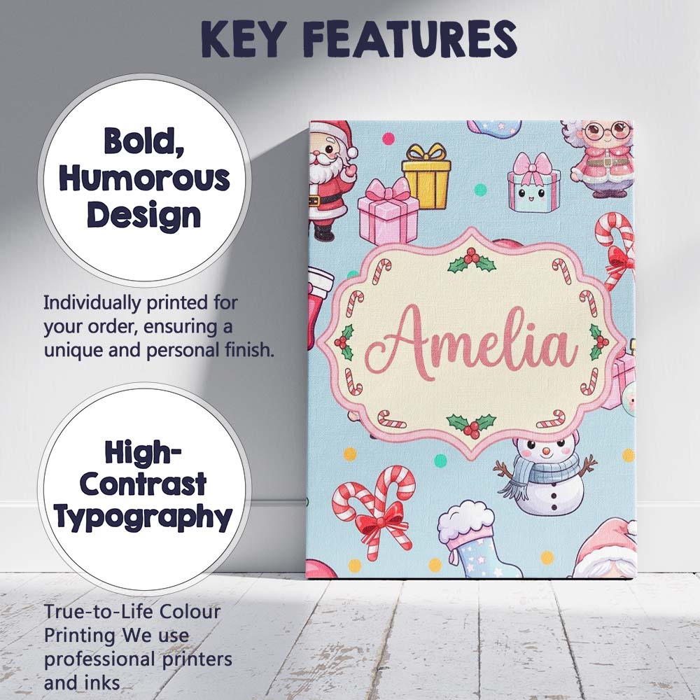 Personalised Name Cute Santa Snowman Gifts Custom Unique Gift Idea Elegant Feature Canvas Wall Art Print Decor Picture Ready to Hang