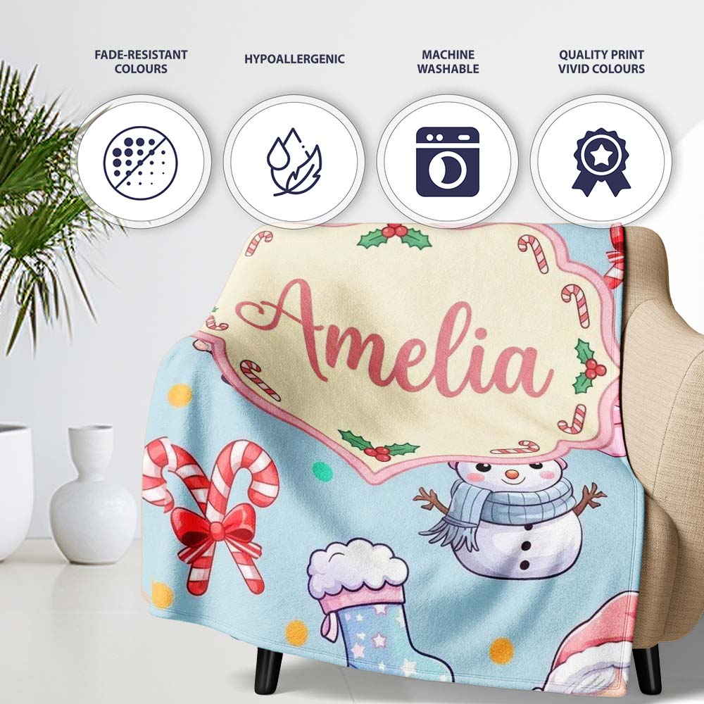 Cute Santa Snowman Gifts Candy Cane Blue Background Seamless Personalised Custom Name Super Soft Fleece Blanket Bed Sofa Throw