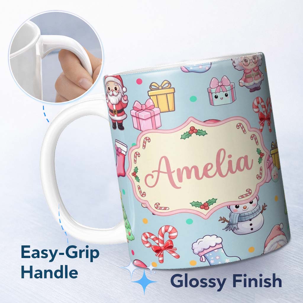 Personalized Custom Name Cute Santa Snowman Gifts Candy Cane Blue Background Seamless 11oz Ceramic Coffee Tea Mug White Large Handle