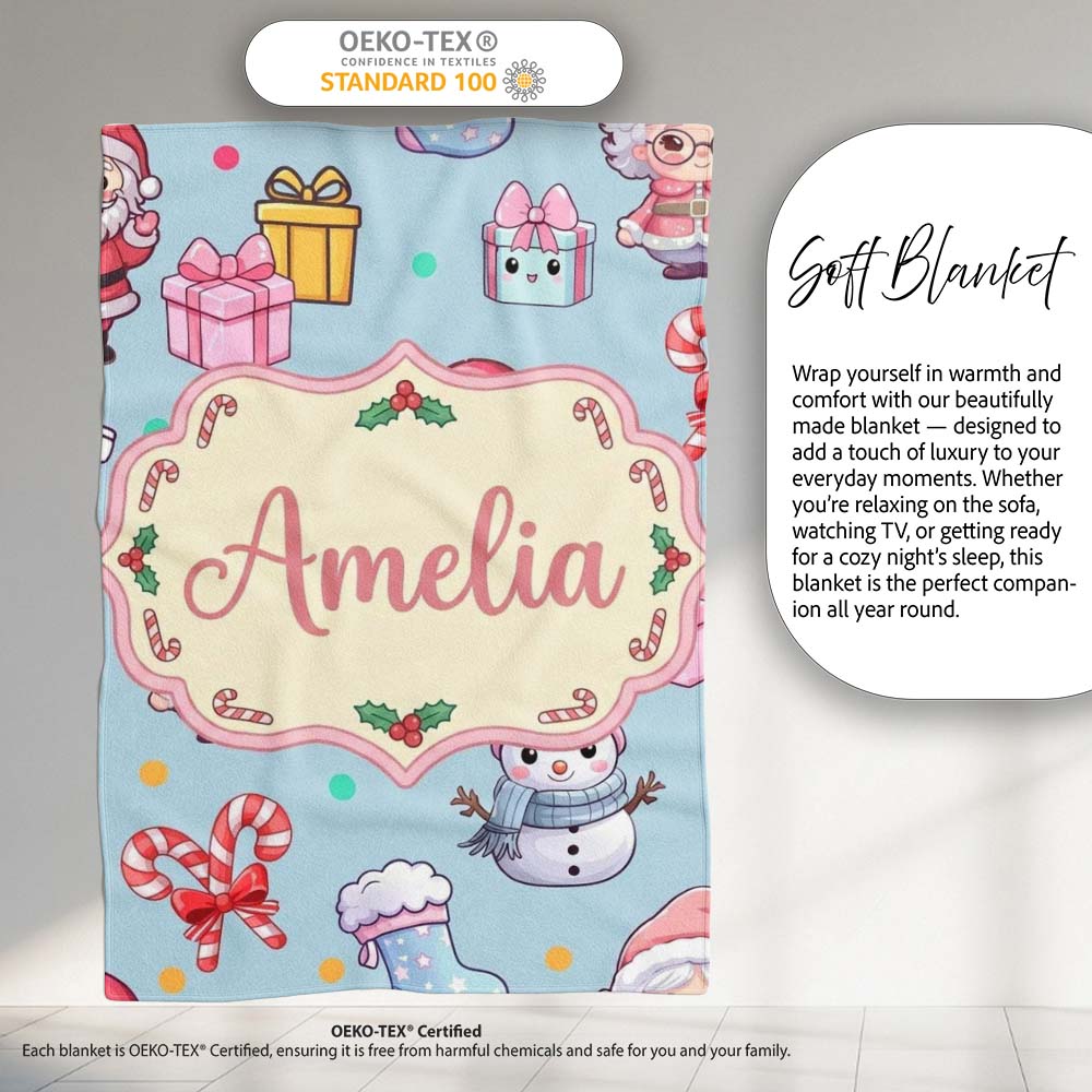 Cute Santa Snowman Gifts Candy Cane Blue Background Seamless Personalised Custom Name Super Soft Fleece Blanket Bed Sofa Throw